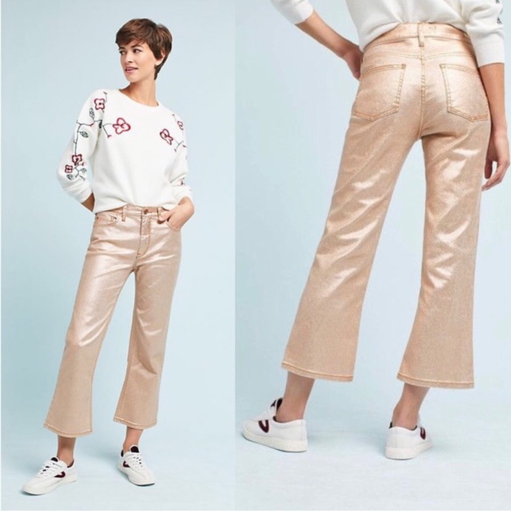 Anthropologie Pilcro Rose Gold Metallic High Rise Flare Cropped Jeans Size 28